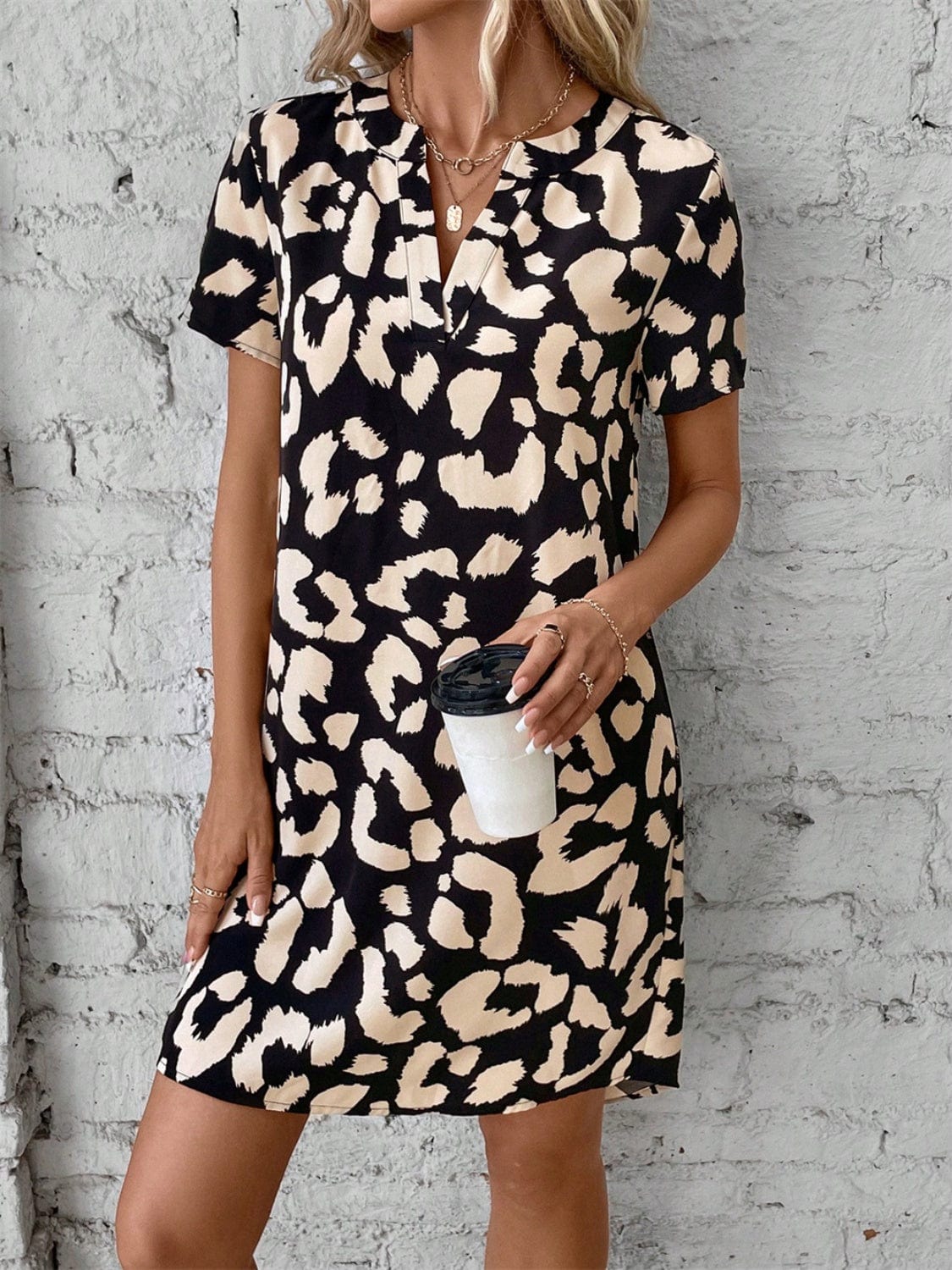 Printed Notched Short Sleeve Mini Dress - Trendsi