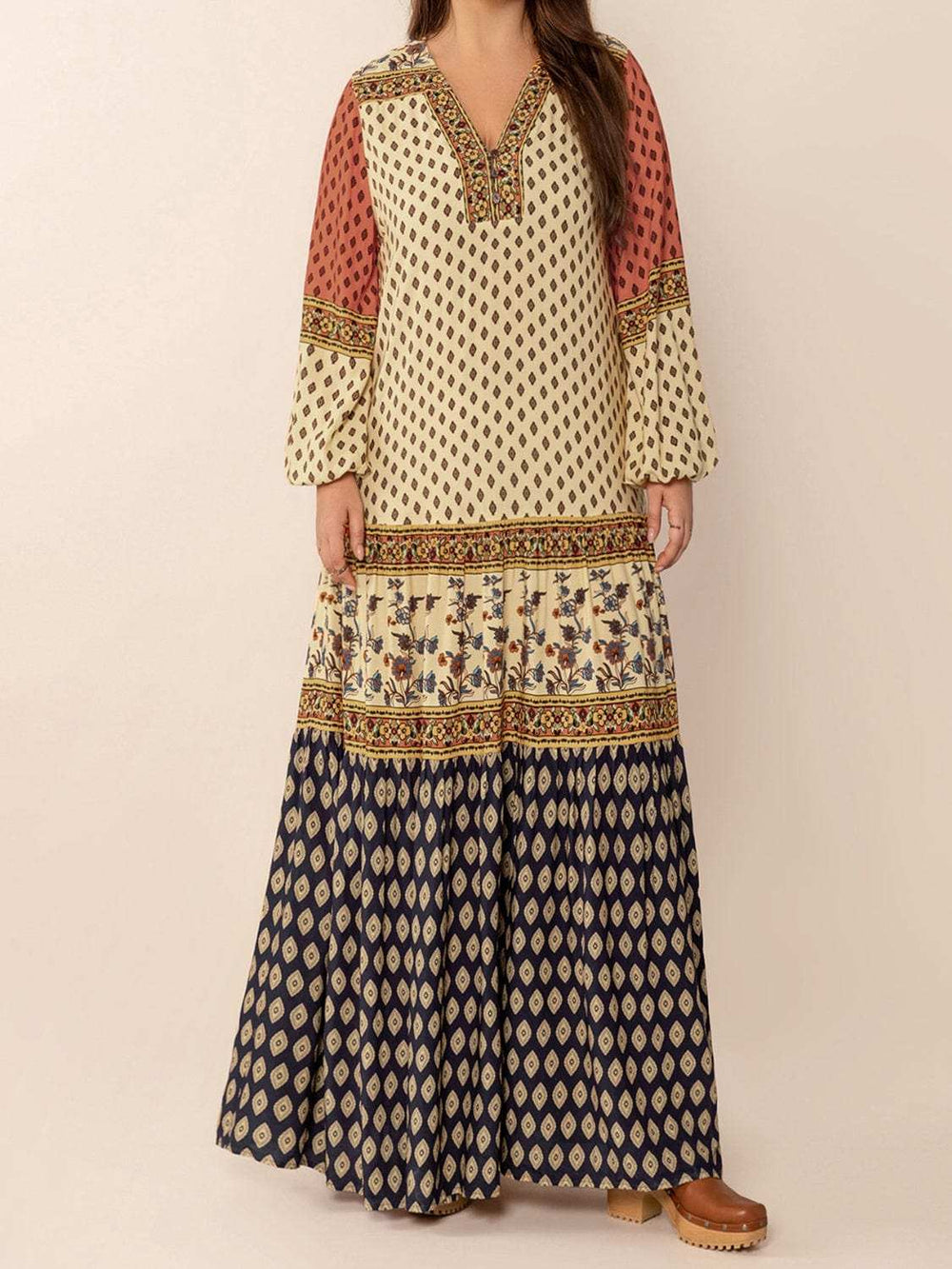 Printed V-Neck Balloon Sleeve Maxi Dress - Trendsi - Flyclothing LLC