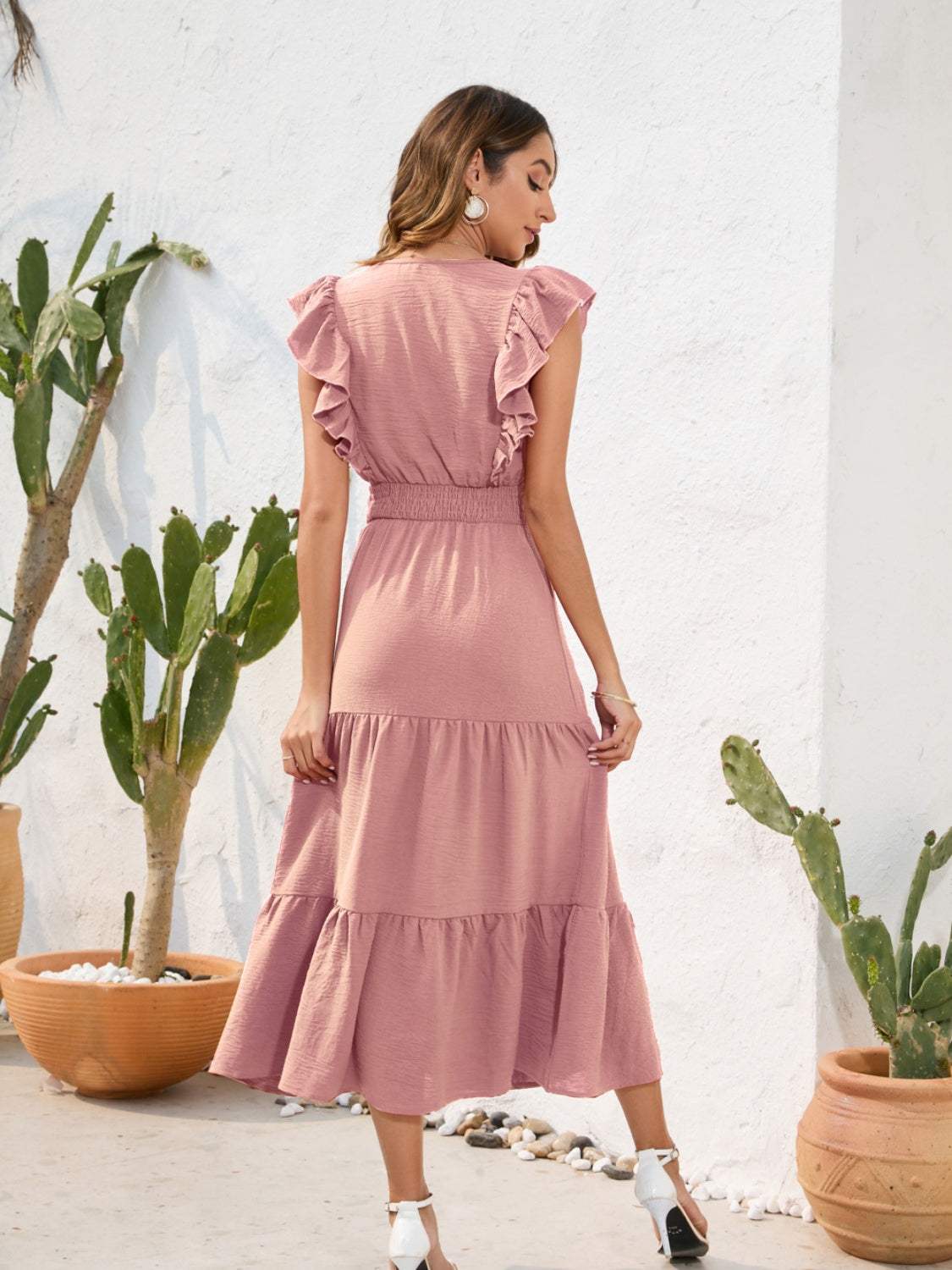 Tiered Ruffled V-Neck Cap Sleeve Dress - Trendsi - Flyclothing LLC