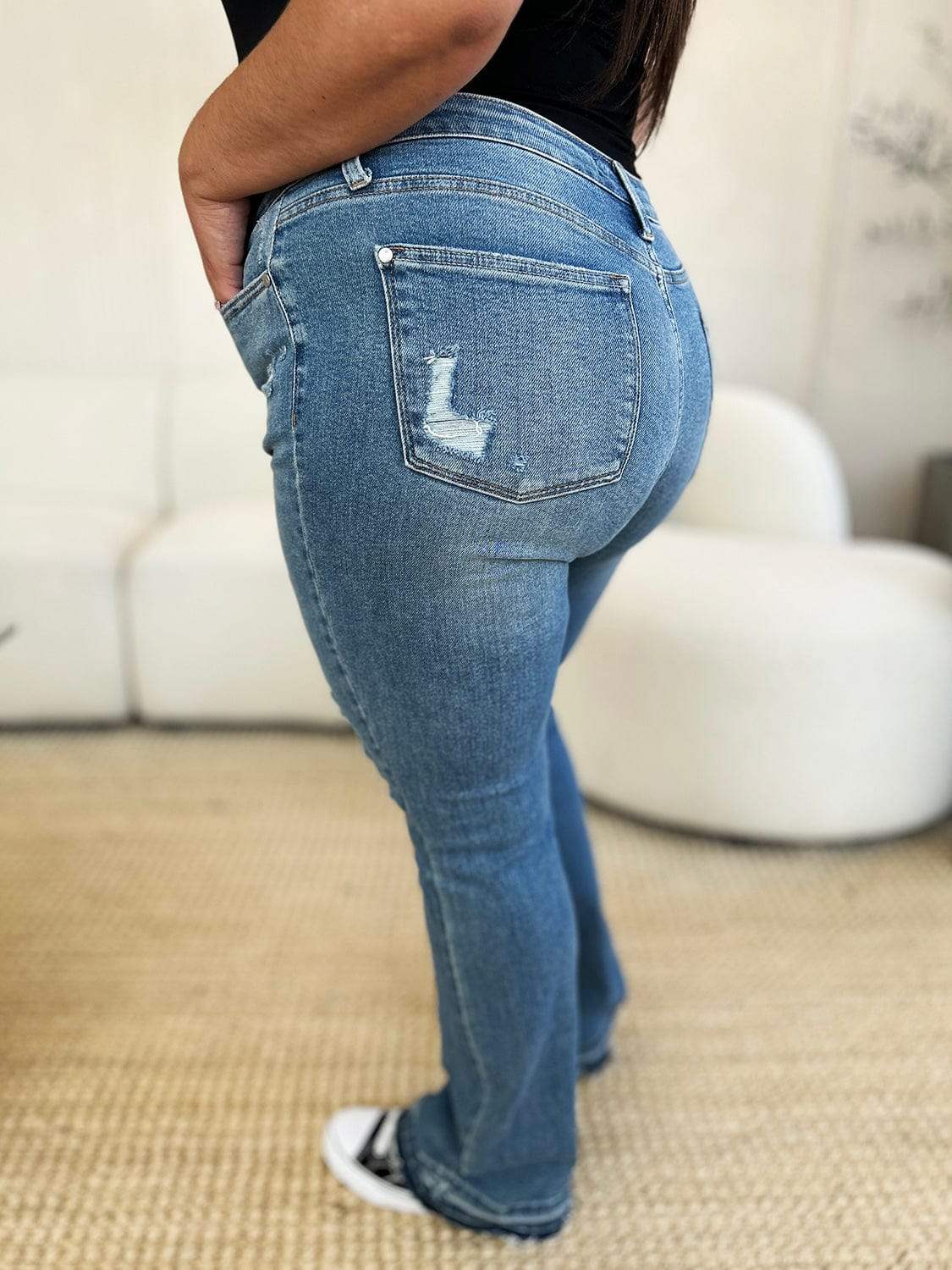 Judy Blue Full Size Mid Rise Destroyed Hem Distressed Jeans - Trendsi - Flyclothing LLC