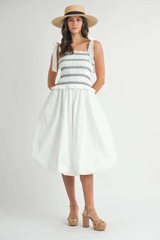 MABLE Smocked Bodice Bubble Midi Dress - Trendsi - Flyclothing LLC