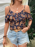 Ruffled Printed V-Neck Blouse - Trendsi