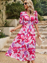 Smocked Printed V-Neck Half Sleeve Midi Dress - Trendsi - Flyclothing LLC