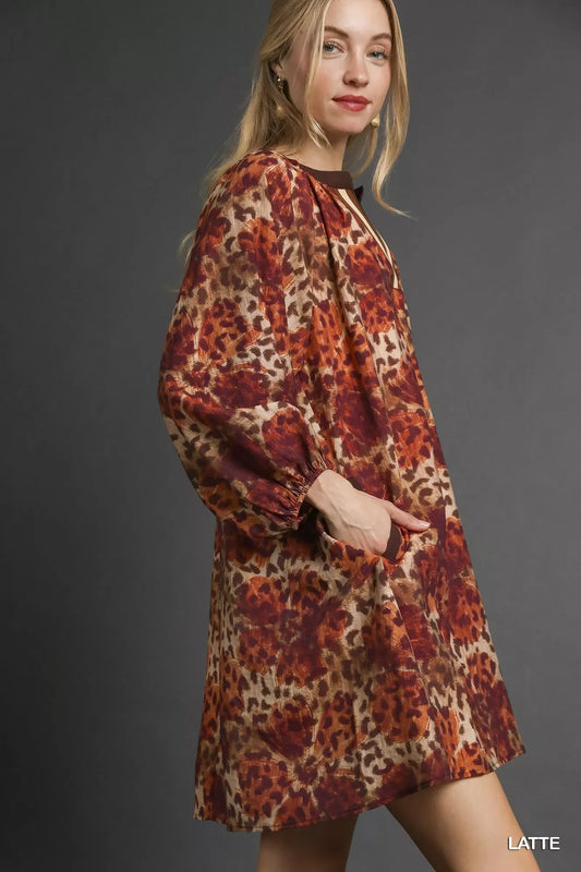 Umgee Animal Print Boho Tunic Dress with Contrast Trim Detail - Trendsi - Flyclothing LLC