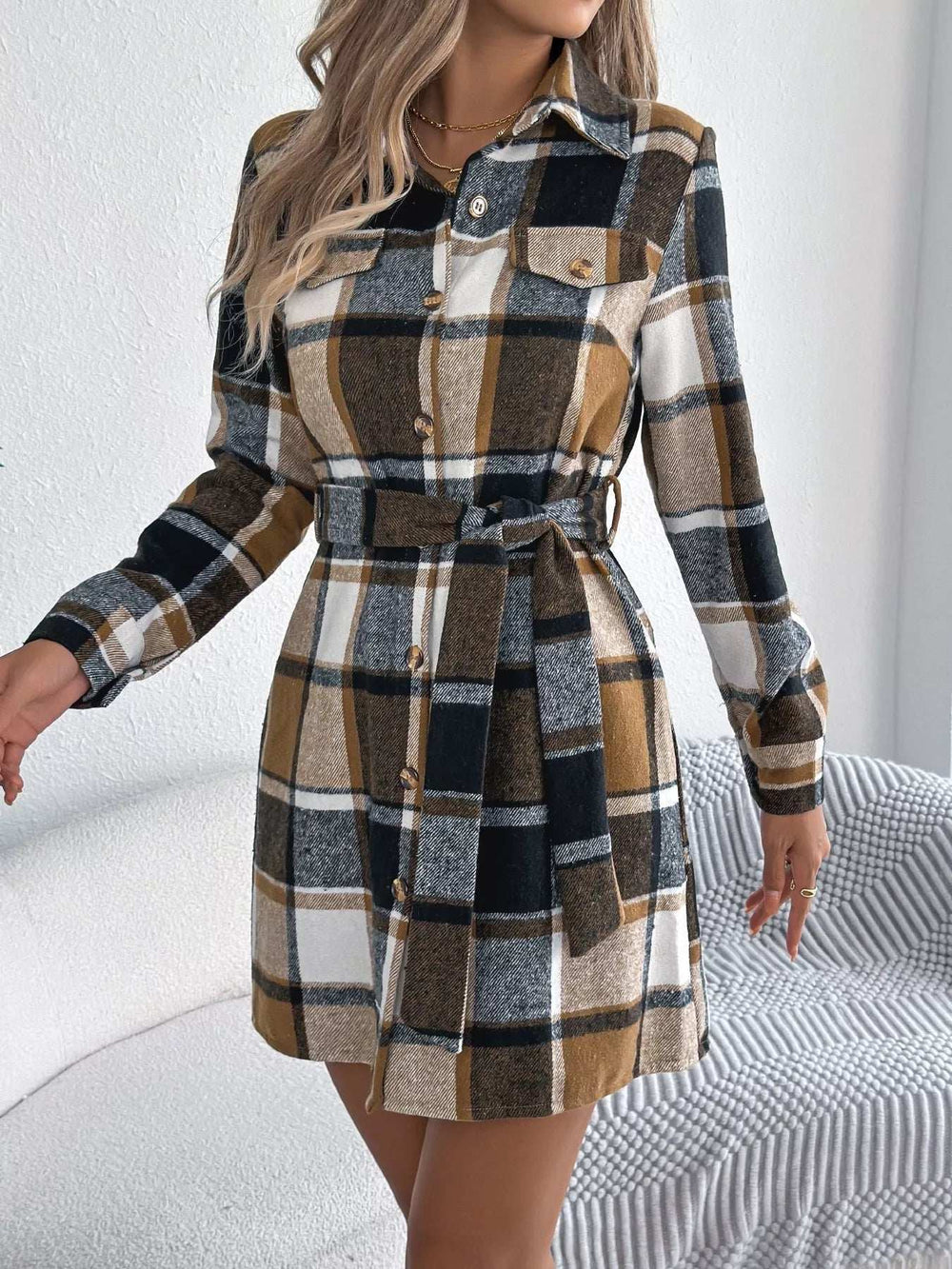 Plaid Button Front Tie Waist Shirt Dress - Trendsi - Flyclothing LLC
