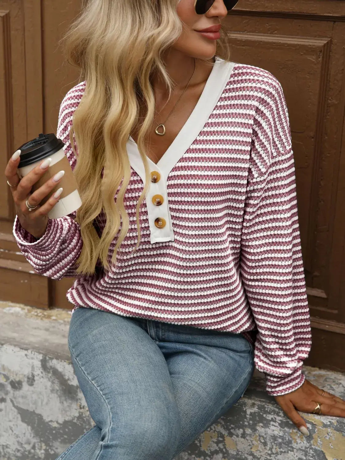 Striped Button Detail Long Sleeve T-Shirt - Trendsi - Flyclothing LLC