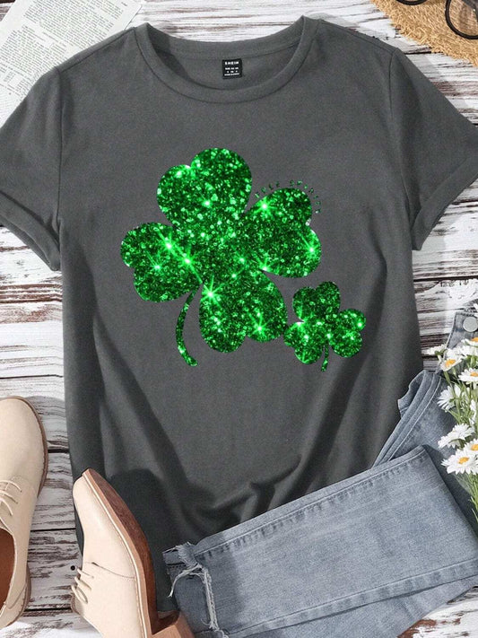 Lucky Clover Round Neck Short Sleeve T-Shirt - Trendsi - Flyclothing LLC