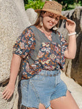 Plus Size Printed Notched Half Sleeve Blouse - Trendsi - Flyclothing LLC