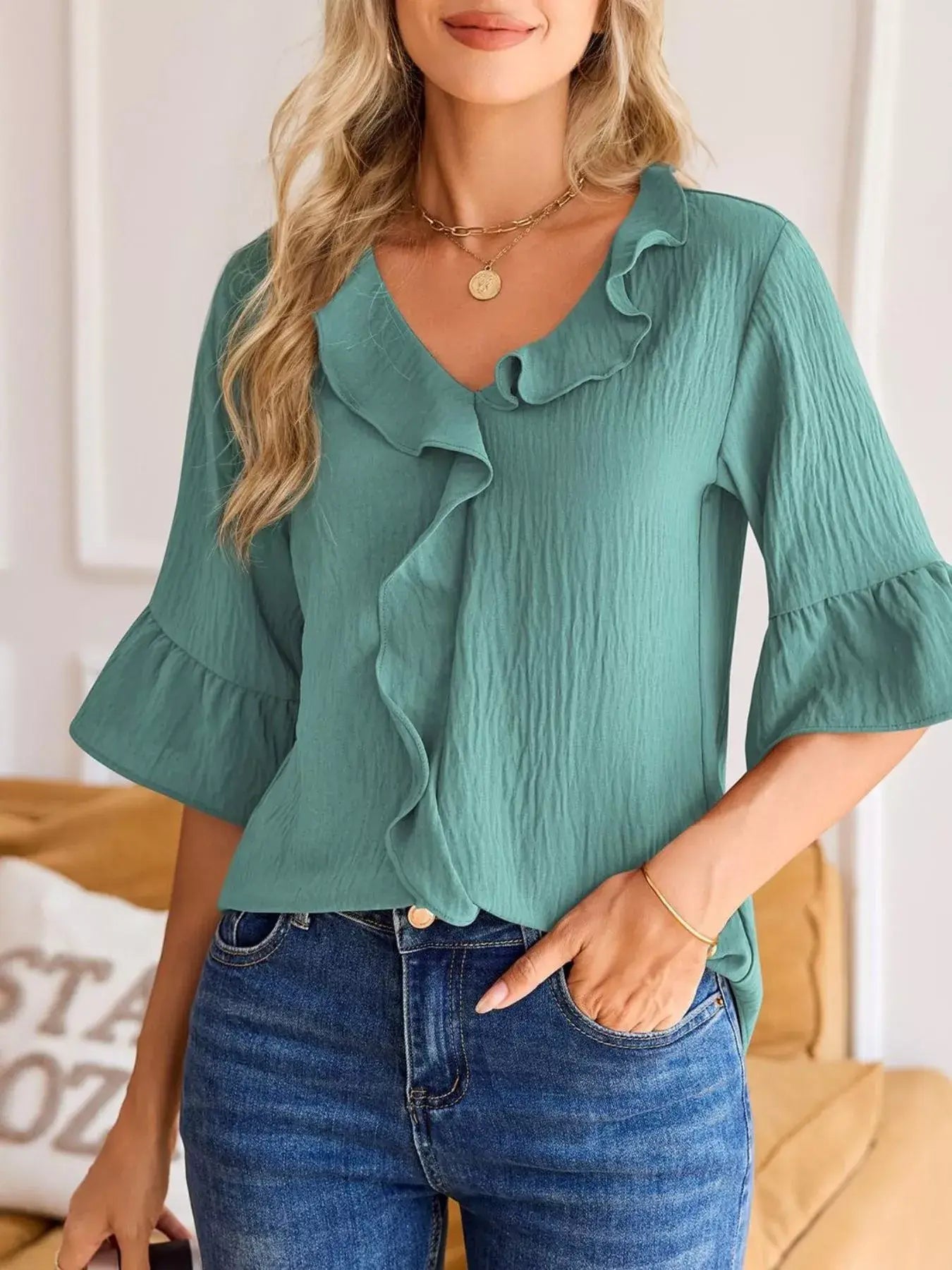 Ruffled Flounce Sleeve Blouse - Trendsi - Flyclothing LLC