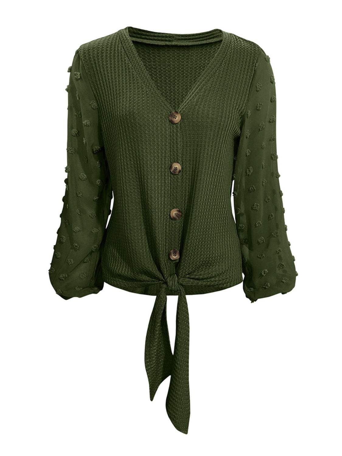 Tied Swiss Dot V-Neck Long Sleeve Blouse - Trendsi - Flyclothing LLC