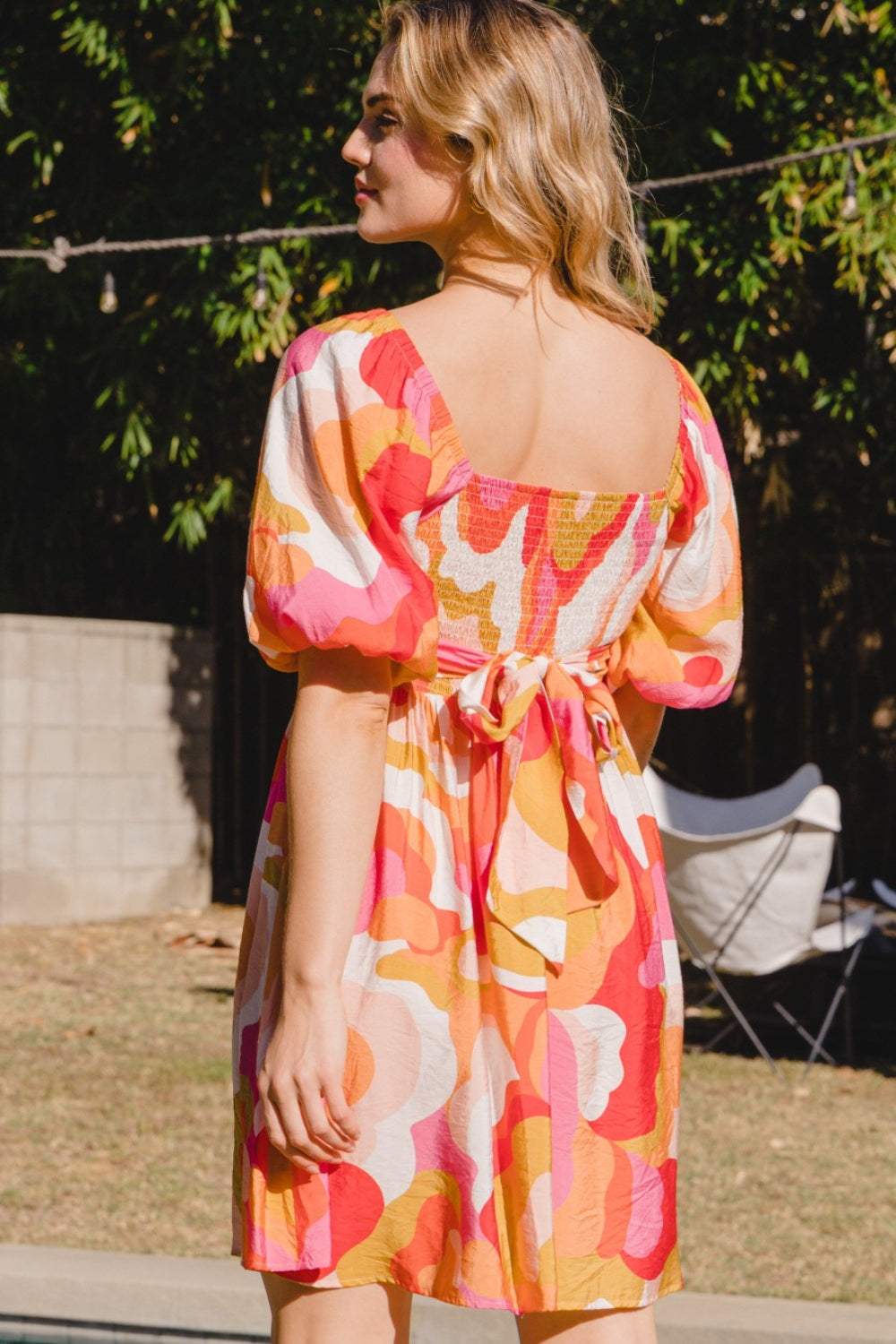 ODDI Full Size Printed Tied Back Short Sleeve Mini Dress - Trendsi - Flyclothing LLC