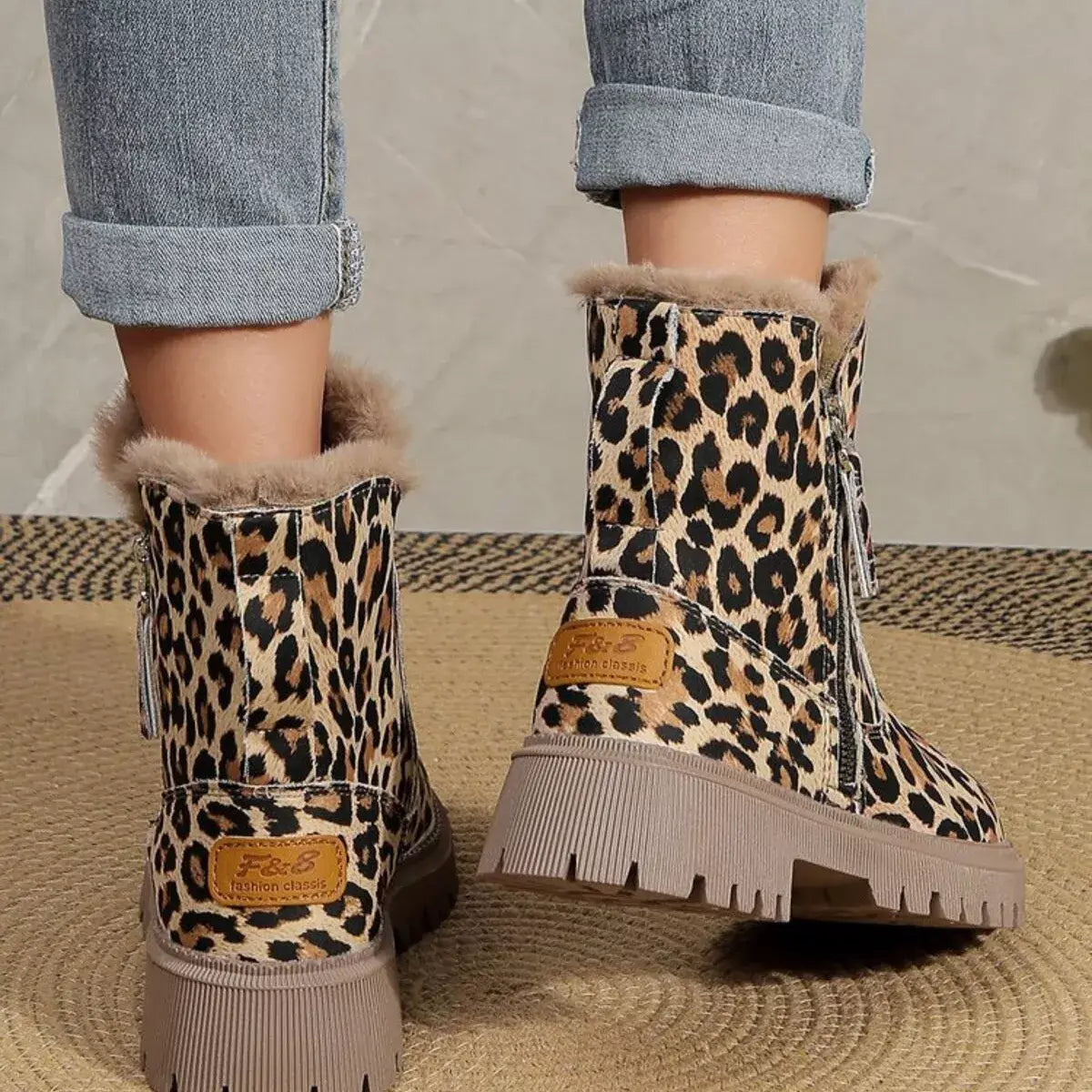 Leopard Print Fur Lined Ankle Boots - Trendsi - Flyclothing LLC