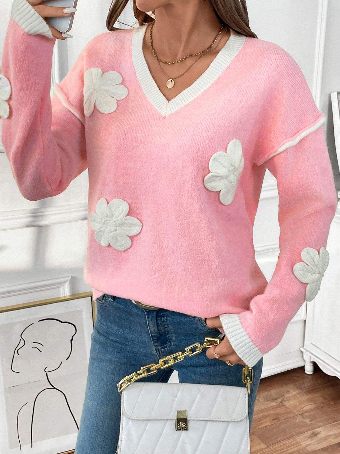 Perfee Flower V-Neck Long Sleeve Sweater - Trendsi - Flyclothing LLC