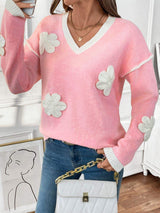 Perfee Flower V-Neck Long Sleeve Sweater - Trendsi - Flyclothing LLC