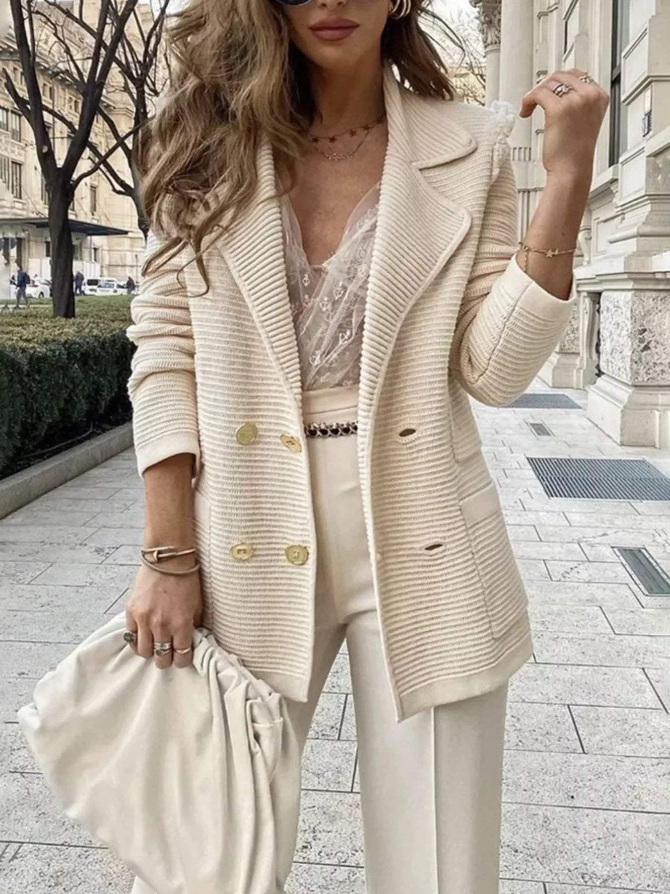 Double-Breasted Textured Jacket - Trendsi - Flyclothing LLC