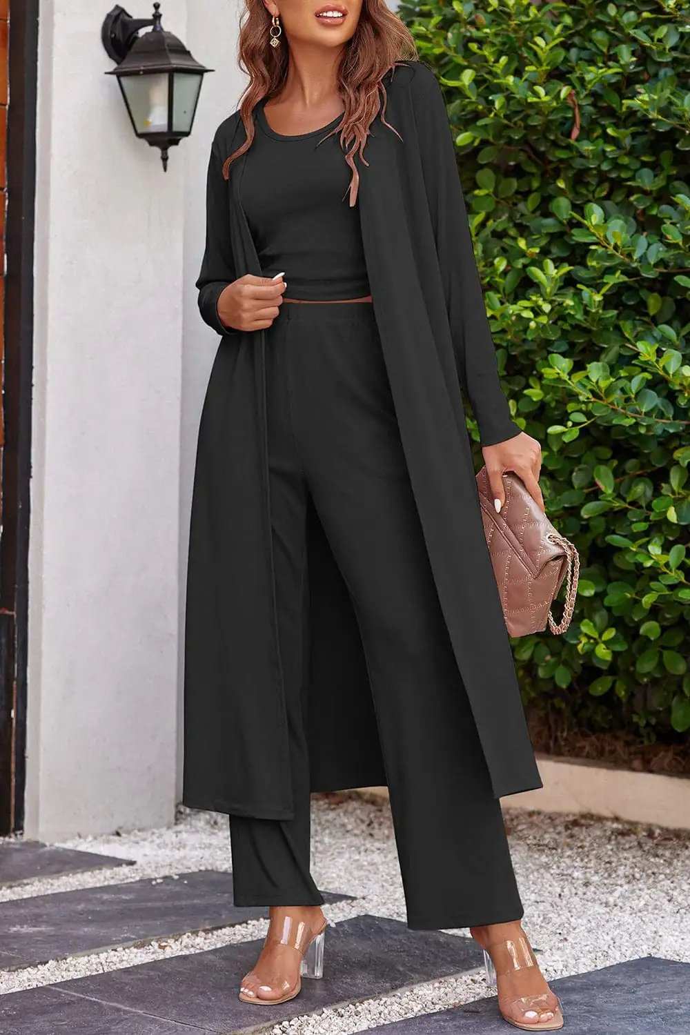 Drawstring Tank, Long Sleeve Cover Up and Pants Set - Trendsi - Flyclothing LLC