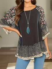 Full Size Frill Printed Round Neck Half Sleeve Blouse - Trendsi