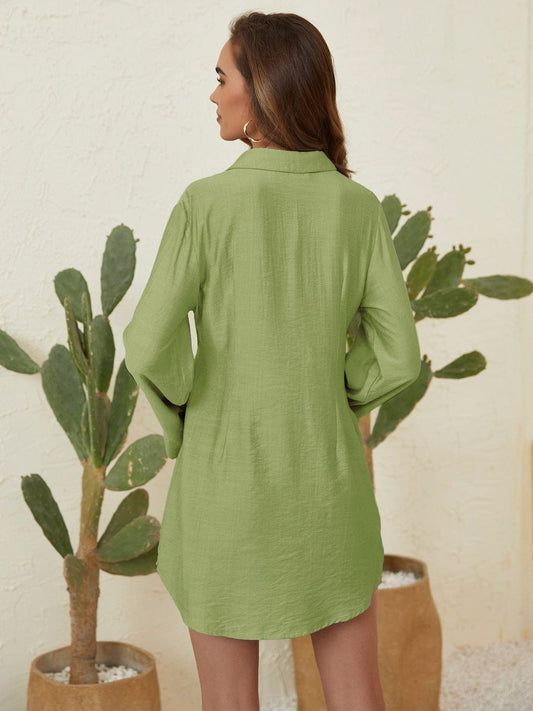 Collared Neck Long Sleeve Mini Shirt Dress - Trendsi