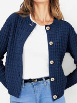 Button Up Round Neck Long Sleeve Cardigan - Trendsi - Flyclothing LLC