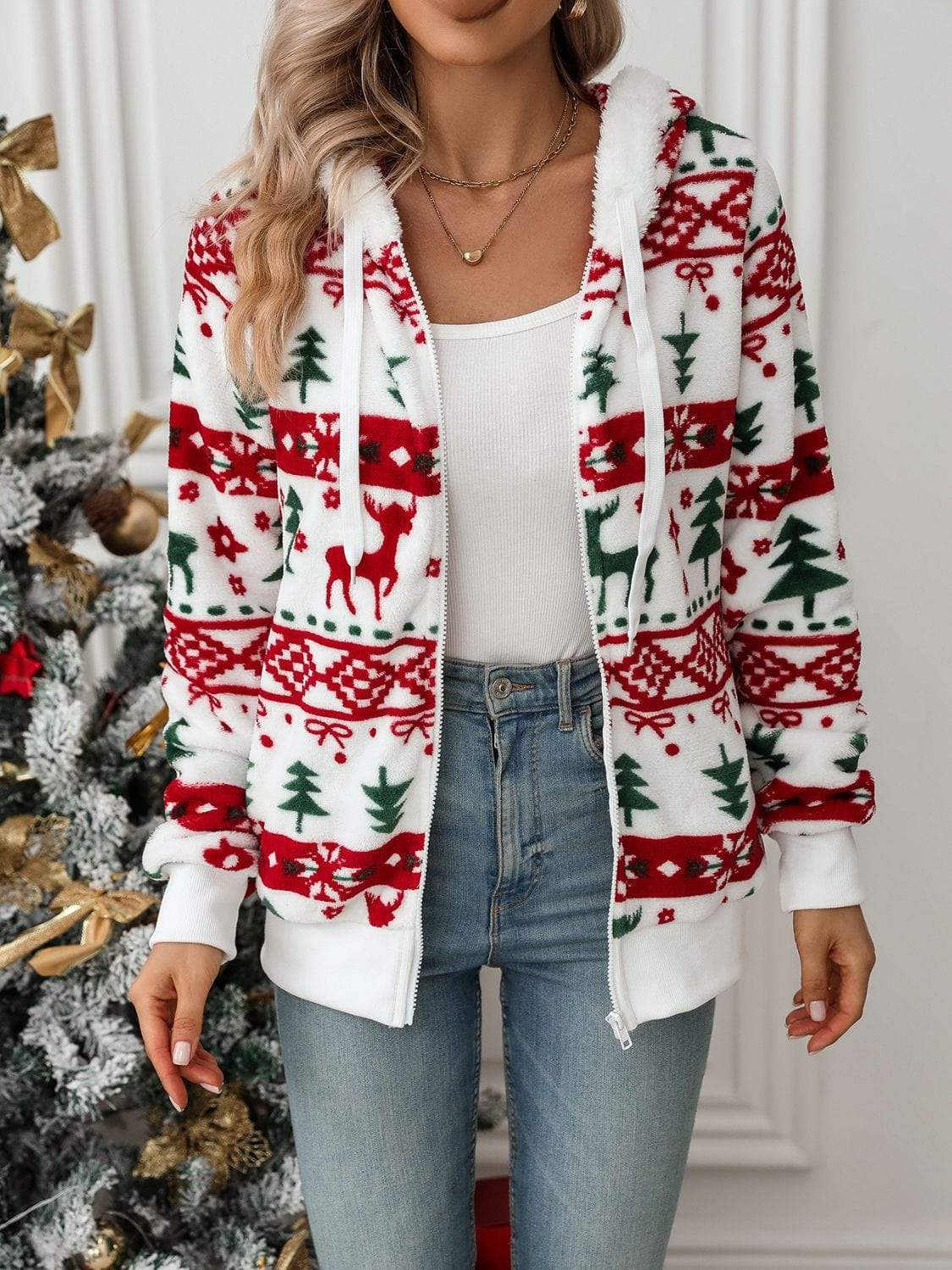 Drawstring Christmas Element Zip Up Hooded Jacket - Trendsi - Flyclothing LLC
