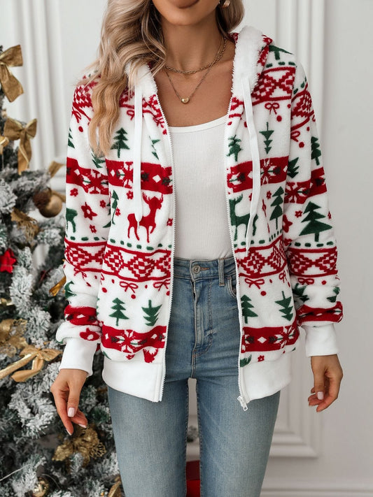 Drawstring Christmas Element Zip Up Hooded Jacket - Trendsi