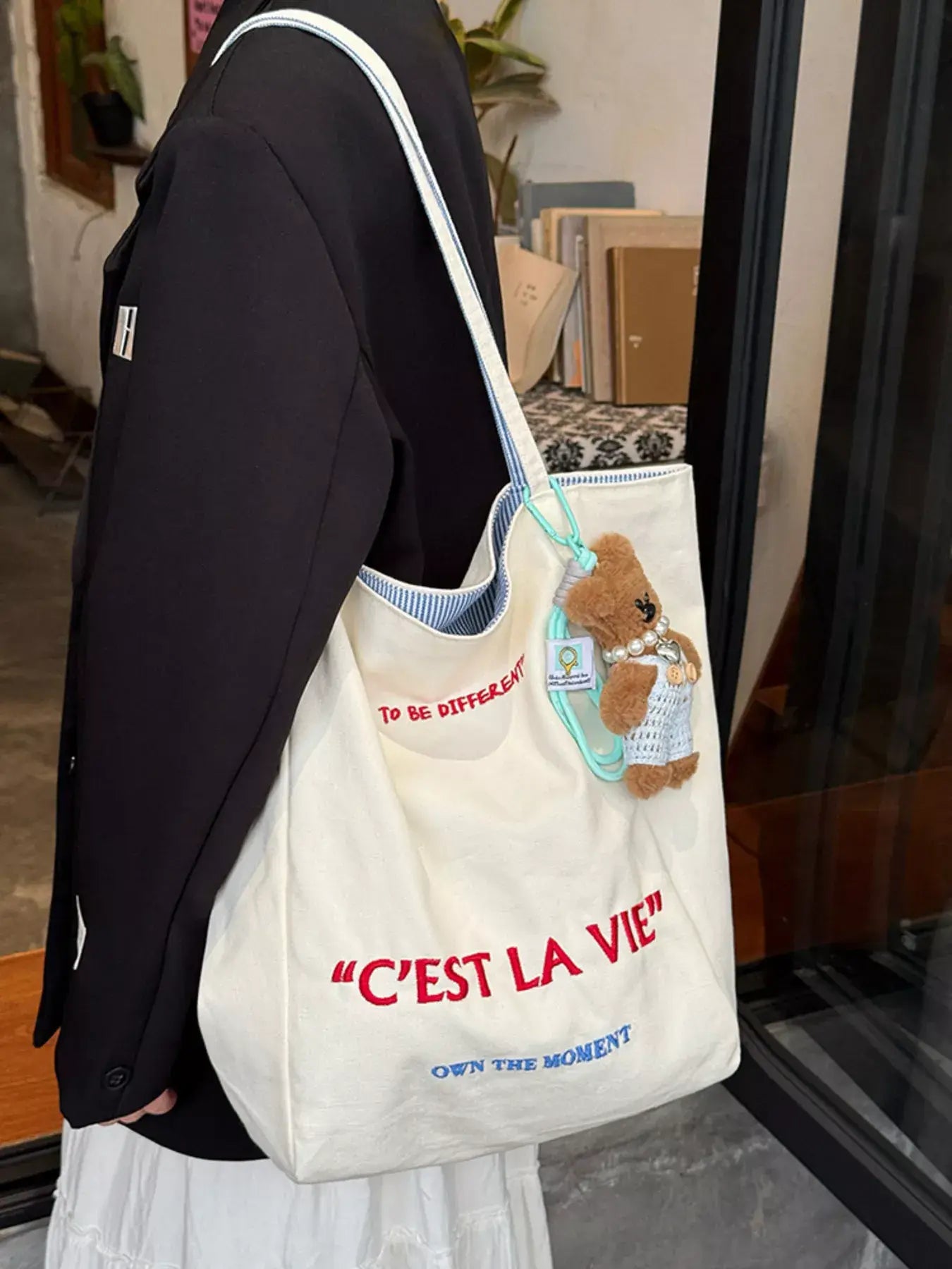 Letter Embroidered Canvas Shoulder Bag - Trendsi - Flyclothing LLC