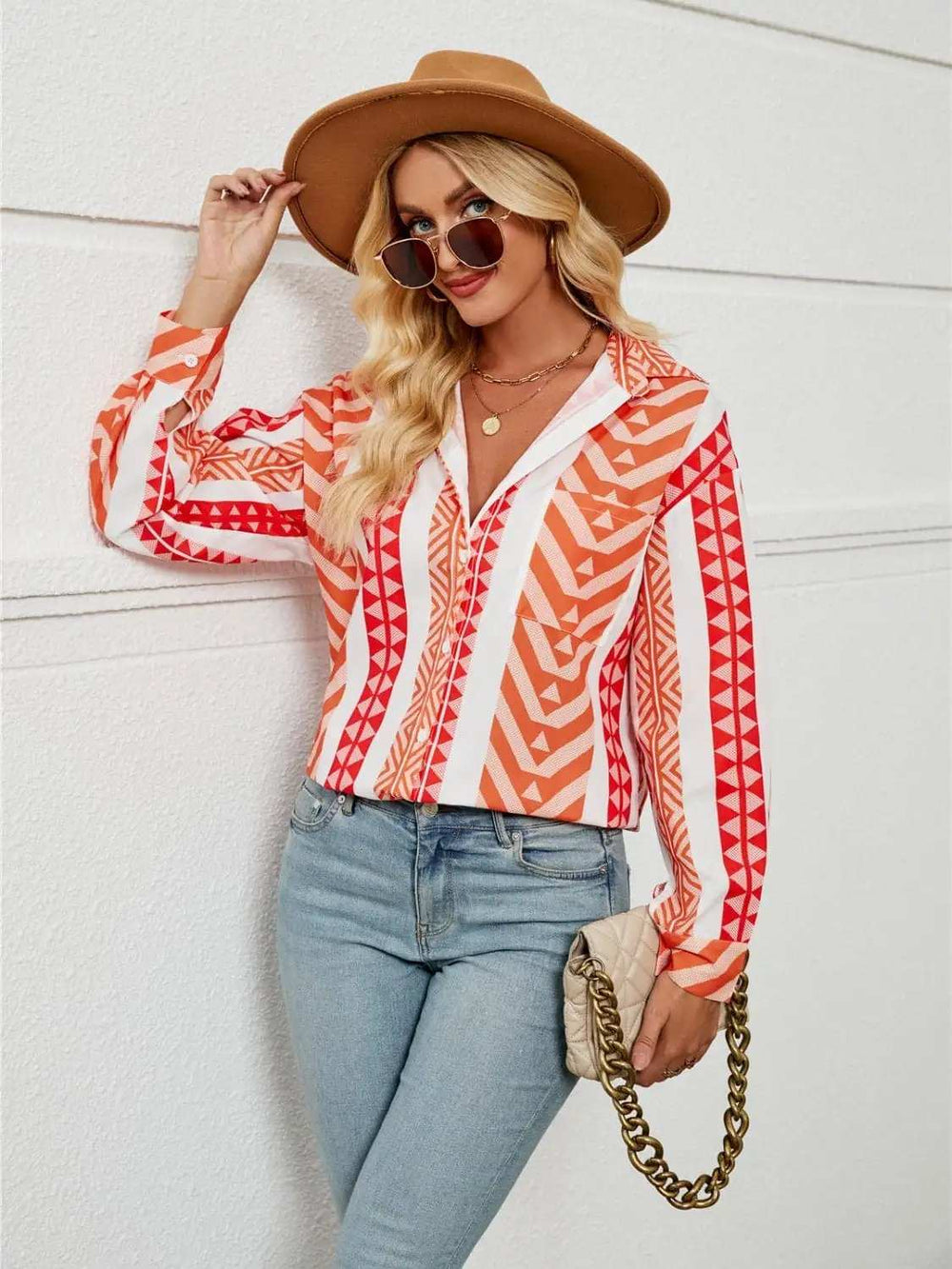 Geometric Collared Neck Long Sleeve Shirt - Trendsi - Flyclothing LLC