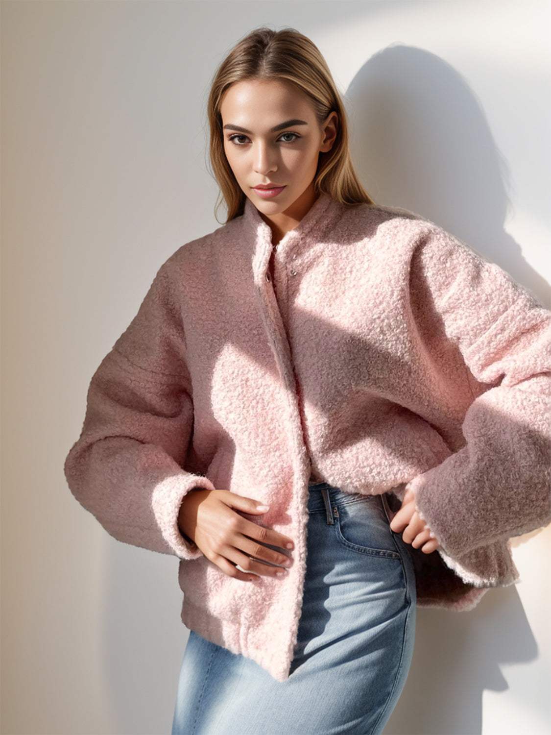 Double Take Plush Mock Neck Snap Down Jacket with Pockets - Trendsi - Flyclothing LLC