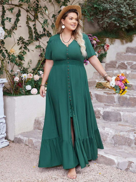 Plus Size Button Detail V-Neck Short Sleeve Maxi Dress - Trendsi - Flyclothing LLC