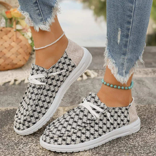 Plaid Round Toe Canvas Slip-Ons - Trendsi - Flyclothing LLC