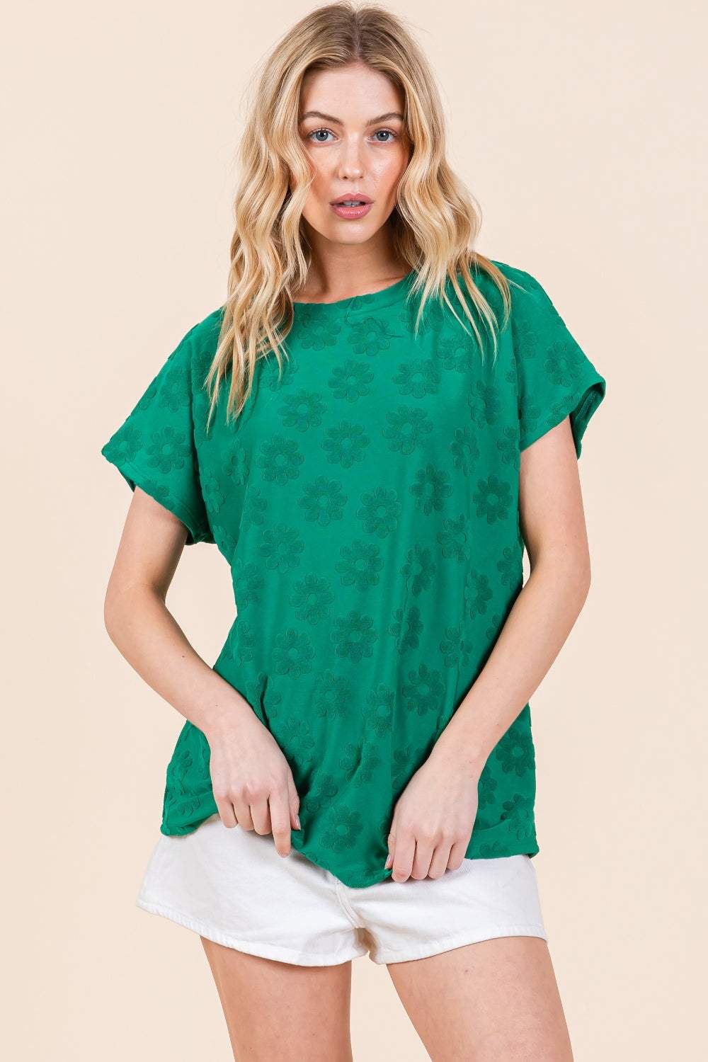 BOMBOM Textured Floral Pattern Short Sleeve T-Shirt - Trendsi - Flyclothing LLC