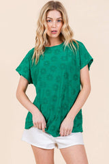 BOMBOM Textured Floral Pattern Short Sleeve T-Shirt - Trendsi - Flyclothing LLC