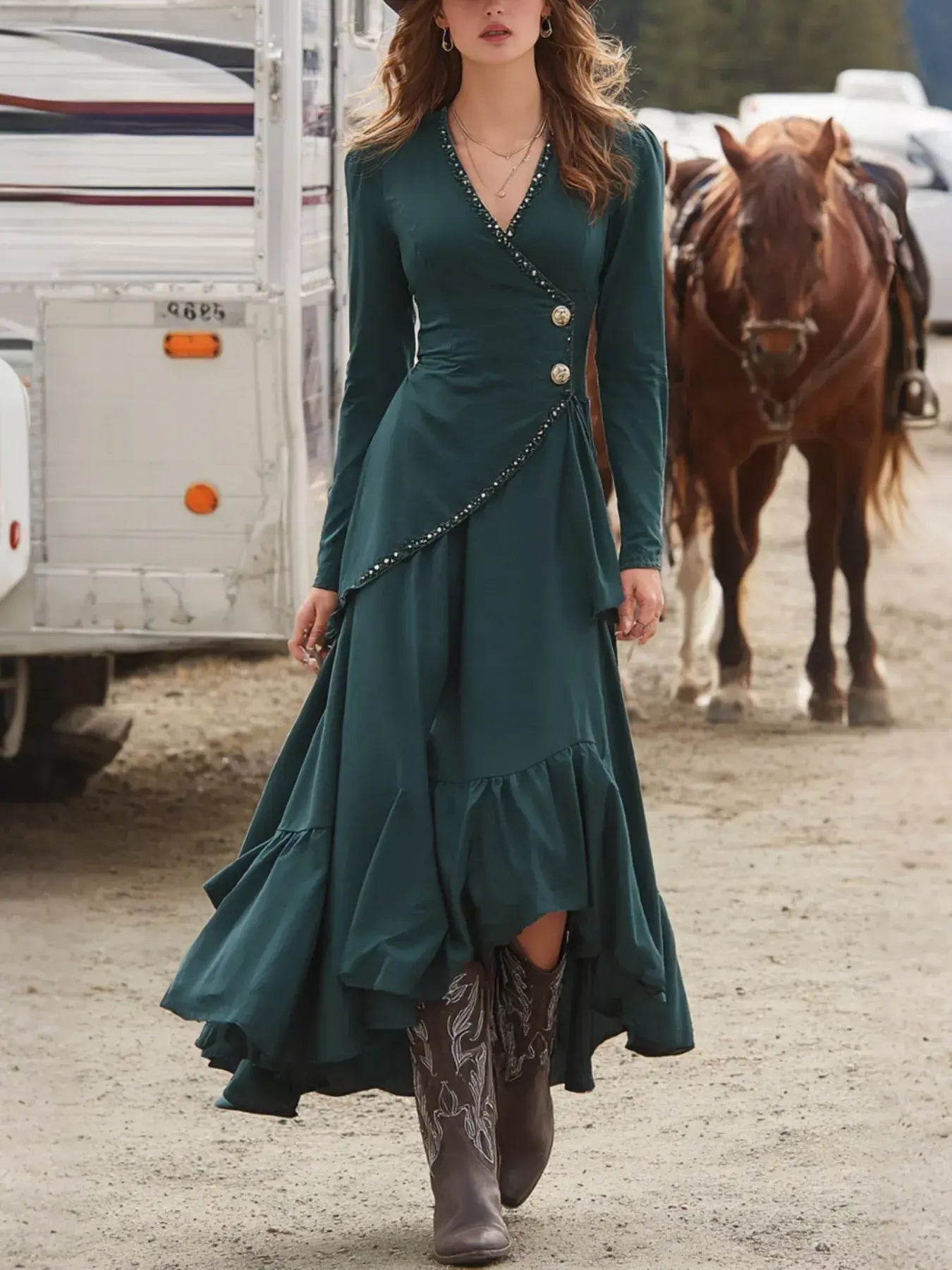 Ruffled Hem Surplice Long Sleeve Dress - Trendsi - Flyclothing LLC