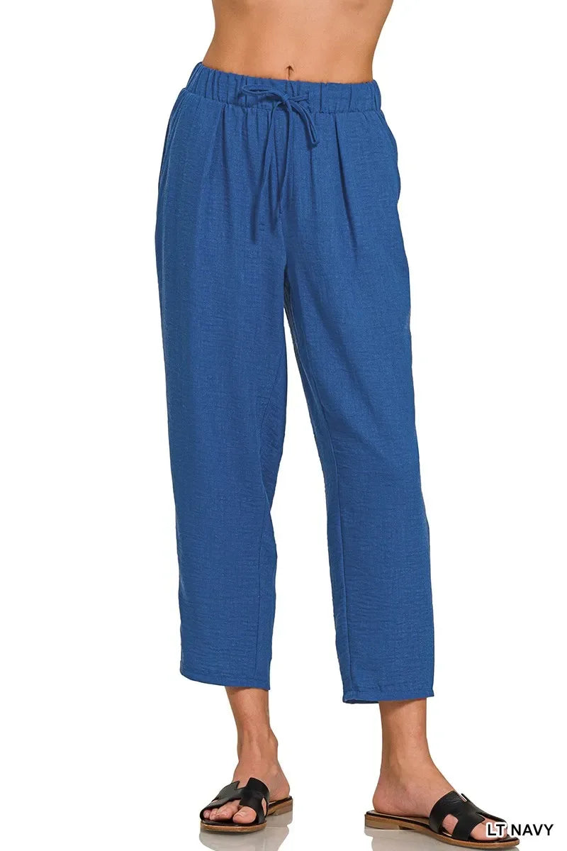 Zenana Woven Crepe Elastic Band Waist Pants - Trendsi - Flyclothing LLC