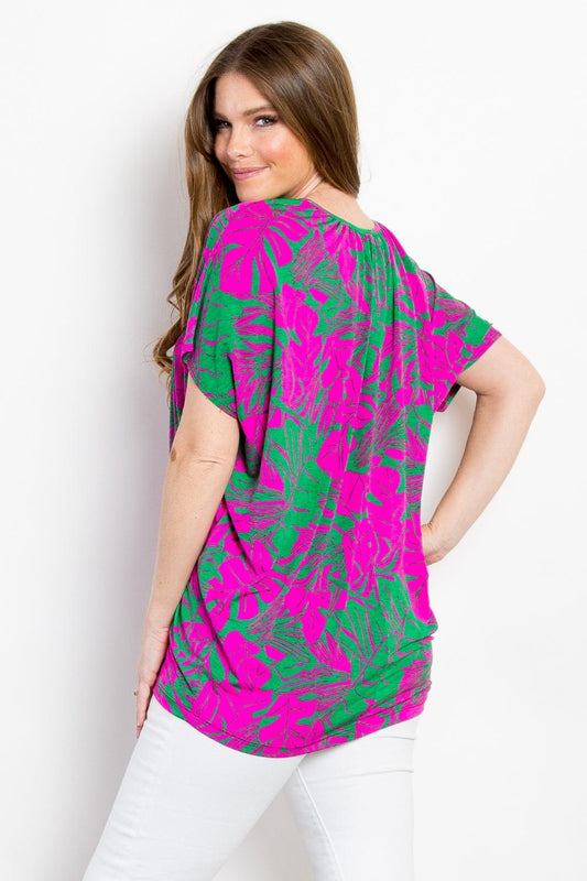 Be Stage Contrast Printed Short Sleeve Top - Trendsi