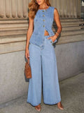 Button Down Vest and Wide Leg Jeans Denim Set - Trendsi