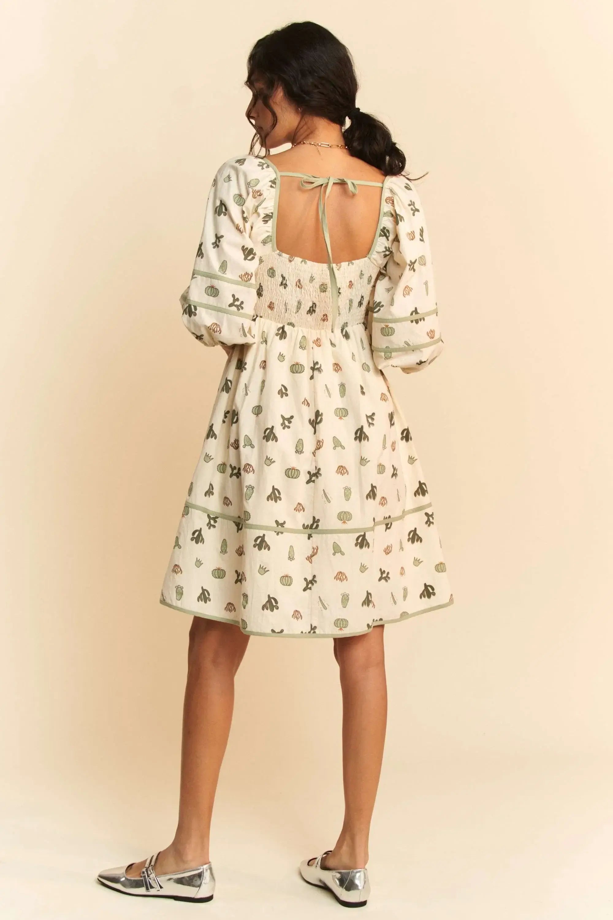 Davi & Dani Cactus Printed Poplin Contrast Piping Mini Dress - Trendsi - Flyclothing LLC