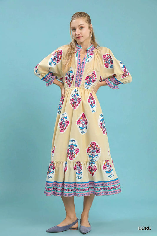 Umgee Flower Patch Border Print Midi Dress - Trendsi - Flyclothing LLC