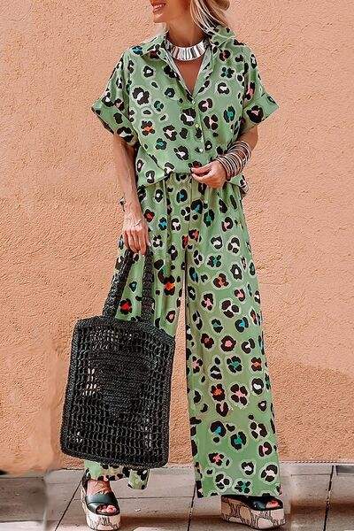 Leopard Collared Neck Top and Pants Set - Trendsi - Flyclothing LLC