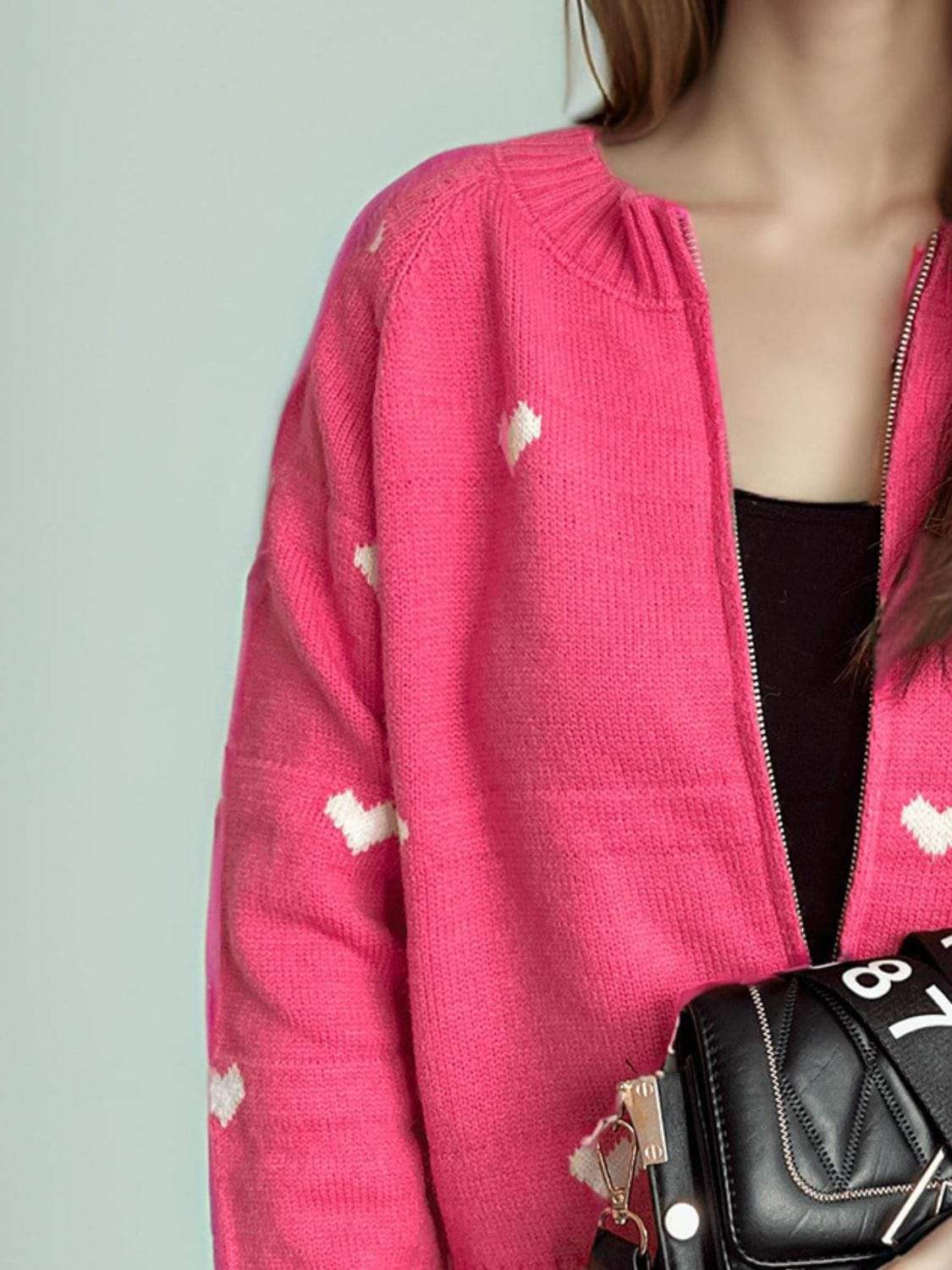 Heart Round Neck Zip Up Cardigan - Trendsi - Flyclothing LLC