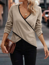 Full Size Crisscross Contrast Trim Long Sleeve T-Shirt - Trendsi - Flyclothing LLC
