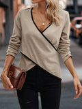 Full Size Crisscross Contrast Trim Long Sleeve T-Shirt - Trendsi - Flyclothing LLC