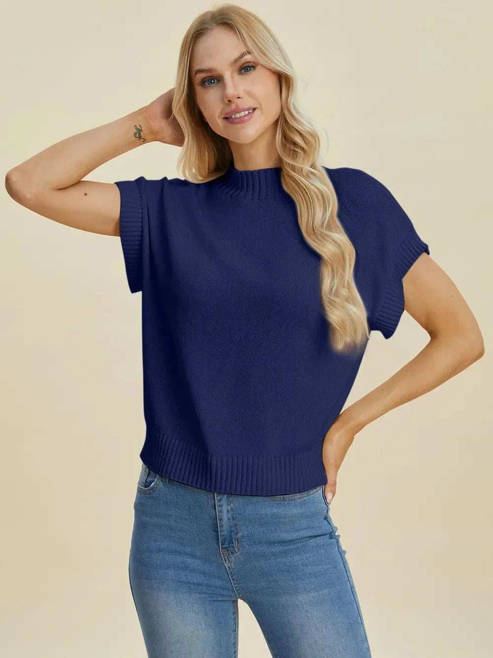 Double Take Full Size Mock Neck Short Sleeve Sweater - Trendsi - Flyclothing LLC