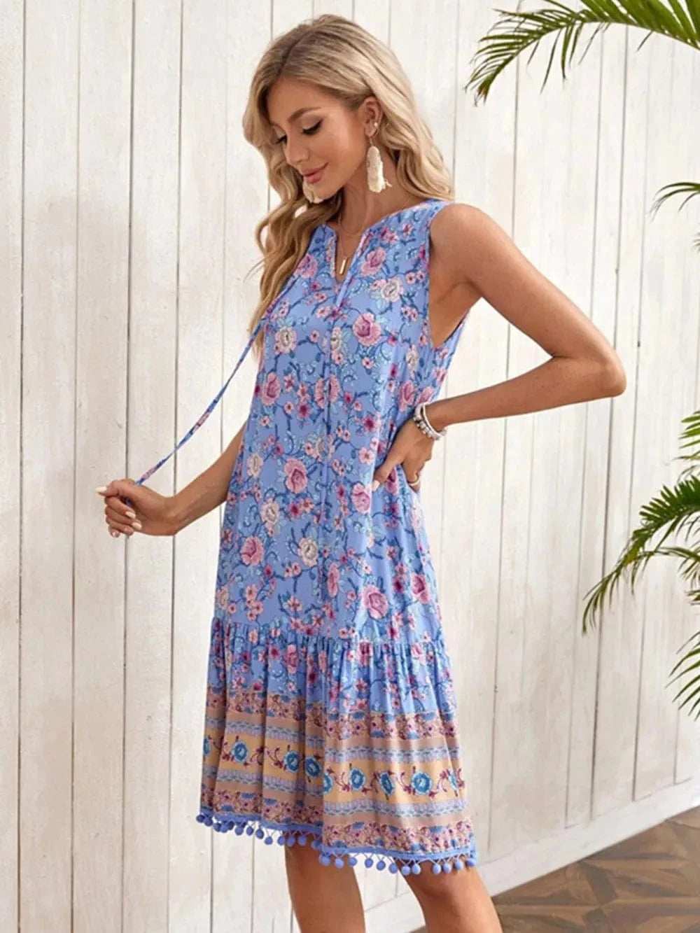 Tie Neck Sleeveless Floral Dress - Trendsi - Flyclothing LLC