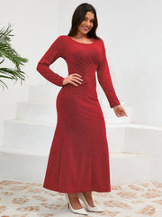 Ruched Round Neck Long Sleeve Dress - Trendsi