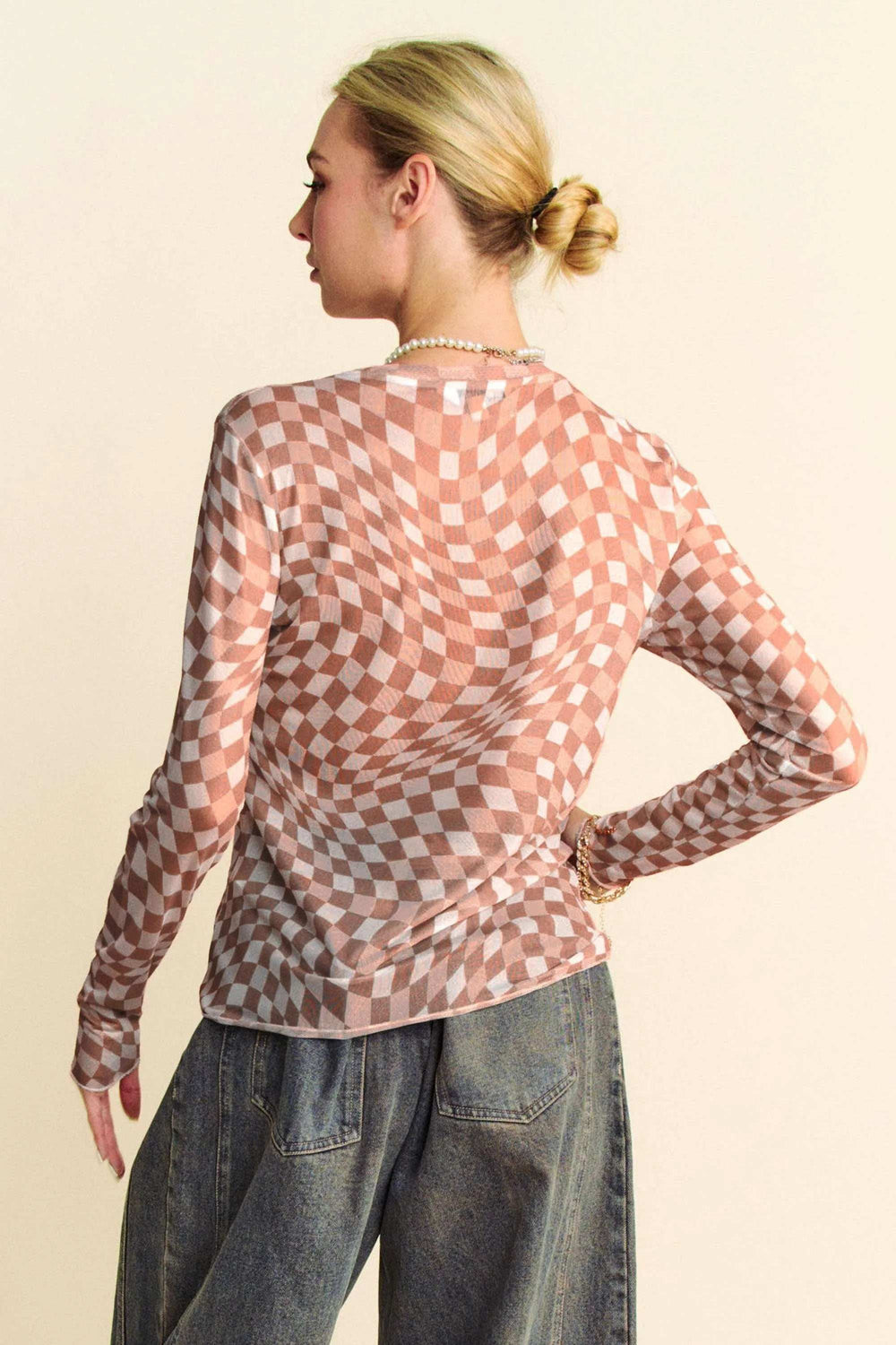 Davi & Dani Checker Board Mesh Long Sleeve Layering Top - Trendsi - Flyclothing LLC