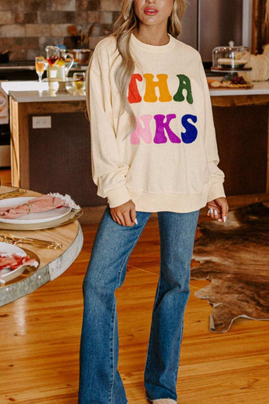 THANKS Round Neck Long Sleeve Sweatshirt - Trendsi - Flyclothing LLC