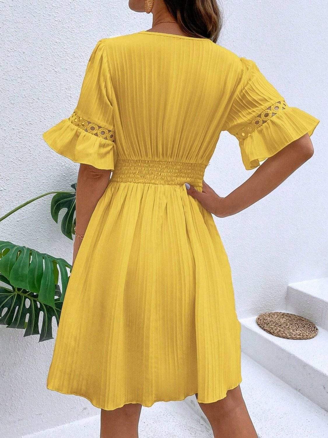 Cutout V-Neck Flounce Sleeve Mini Dress - Trendsi - Flyclothing LLC