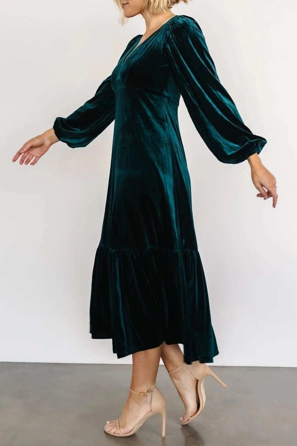 V-Neck Long Sleeve Midi Velvet Dress - Trendsi - Flyclothing LLC