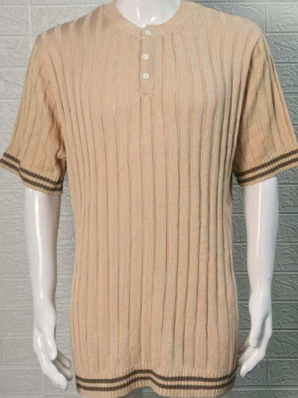Men's Plus Size Ribbed Quarter Button Round Neck Striped Trim Polo - Trendsi - Flyclothing LLC